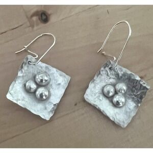 Artisan Hammered Oxidized Sterling Offset Square Dangle Earrings 925 Signed